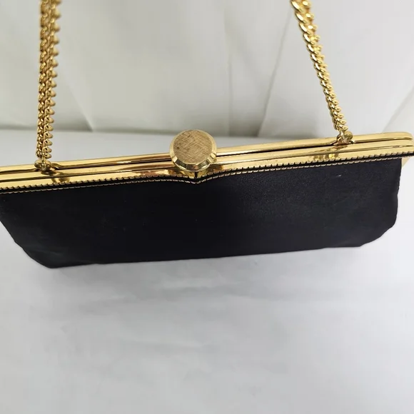 Vintage Coblentz Black Satin  Convertible Clutch Evening Bag Gold Chain Hinge - Picture 7 of 9